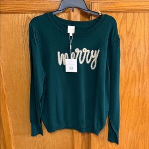 Zac & Rachel Deep Teal Crewneck Sweater with Fuzzy 'worry' Script